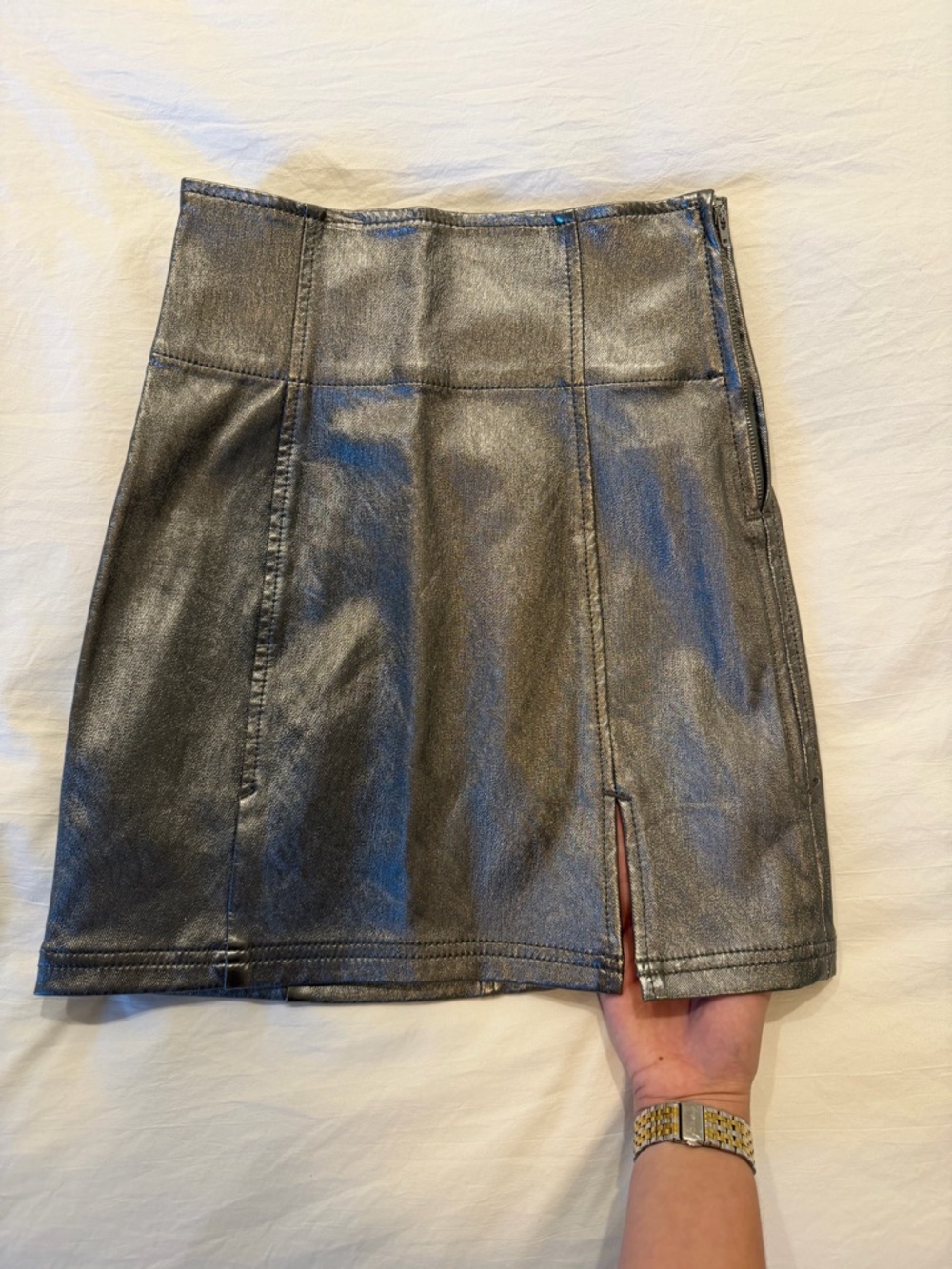 Free People Metallic Silver Mini Skirt with Front Slit